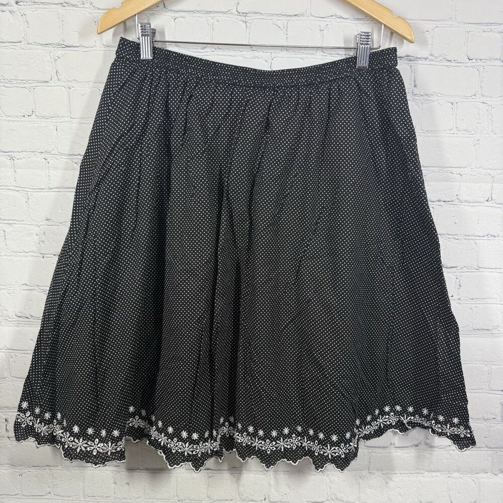 Vintage 90's Y2K Skirt Women Size Large Black Polka Dot Embroidered Hem Cottage